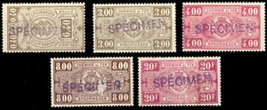 BELGIQUE Timbres Colis-Postaux (x5) surchargés SPECIMEN Neufs* (pli sur le 20fr) - Imagen 1 de 1