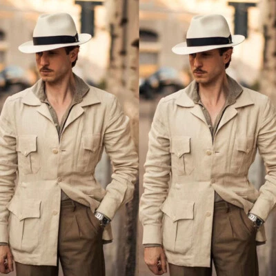 Beige Hombres Chaqueta Safari Lino Verano Informal Blazer Estilo Británico Chaqueta de Caza Foto 1 de 4