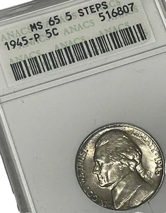 1945-P Silver Jefferson Nickel 5c Coin KM 192a Uncirculated ANACS MS65 - 5 STEPS - Picture 1 of 10
