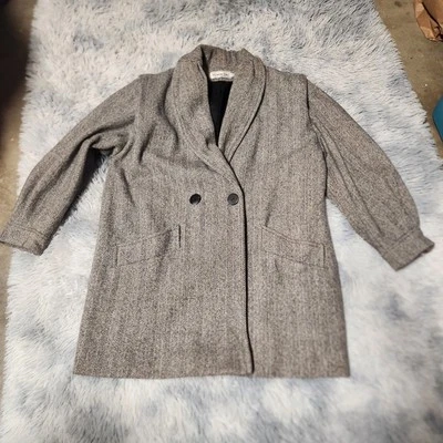 Vintage Herman Kay Petite Herringbone Coat Jacket Womens 16 Wool Blend Gray  - Image 1 of 4