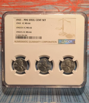 Juego de centavos de acero Lincoln 1943 MS 66 P/D/S TRIPLE SOPORTE NGC 2114262-(034-036) Foto 1 de 4