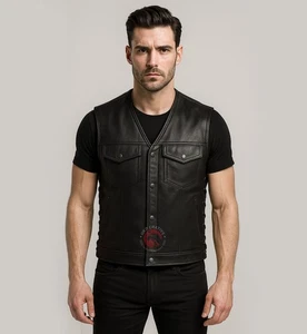 Men's Motorcycle Vest Club Concealed Carry Pocket Real Leather Biker Rider Vest - Picture 1 of 5