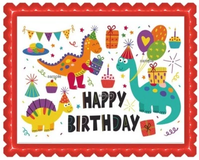 Folha de cobertura de bolo comestível imagem feliz aniversário dinossauro - Imagem 1 de 2