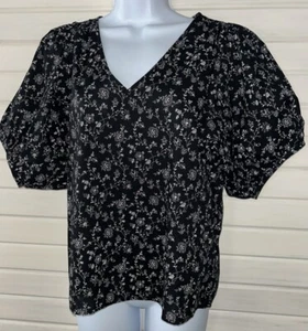 Madewell Sz SMALL Black Floral V-Neck Puff Sleeve Shirt Top Cotton Pullover EUC - Picture 1 of 12