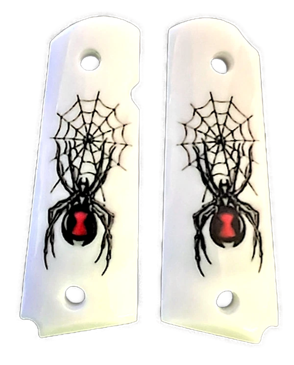 PREMIUM MFG, NORTH CAROLINA 1911 fits Colt & Clones GRIPS Scrimshaw Faux Ivory Black Widow NEW '22