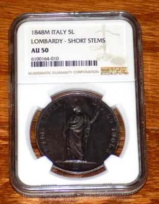 1848 M Italy Lombardy 5 Lire Coin 5L 5 Lira Certified NGC AU 50 AU50 GRADED COIN - Image 1 of 4