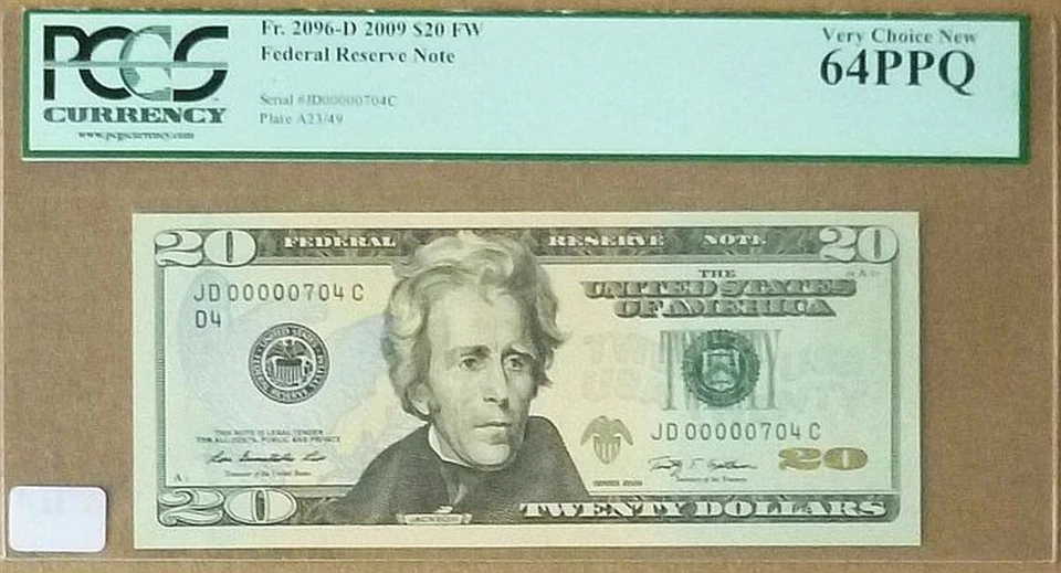 $20 2009 Federal Reserve Note S/N  00000704 - 4th of July Birthday PCGS 64PPQ - Image 1 of 2