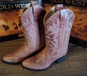 Old West Girl Size 12.5 Cowboy Western Cactus Pinkish Tan Leather Boots - Imagen 1 de 5