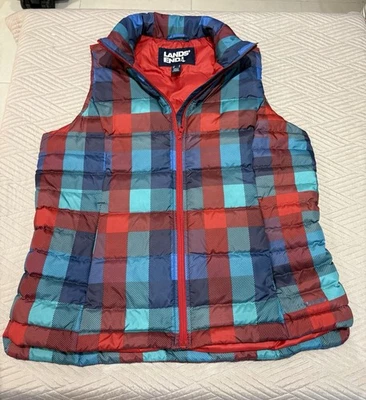 Lands' End Gilet Womens Medium Puffer 600 Fill Down Feather Plaid Check NWOT - Image 1 of 4