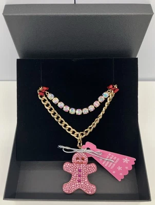 Betsey Johnson Gingerbread Man Pink Statement Necklace Christmas Ornament NWT - Image 1 of 4