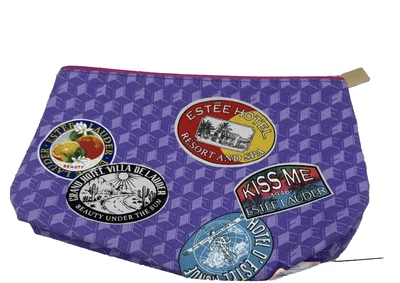 Bolsa de cosméticos de maquillaje Estee Lauder púrpura cremallera tema de viaje Kiss Me 10" x 6" Foto 1 de 4