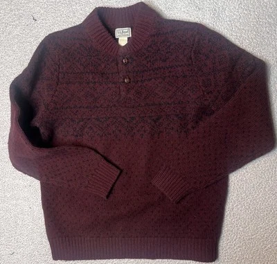 LL Bean Fair Isle Henley Sweater Men’s M 298259 Raggwl 100% Lambs Wool Brown - Image 1 of 4