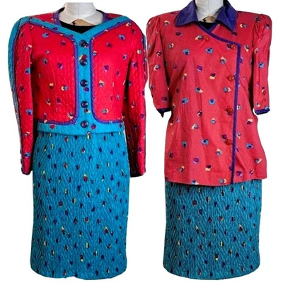 VTG 80s Jeanne Marc M 3 Pc Jacket Top Skirt Aqua Red Abstract Quilted Patchwork - Image 1 of 4