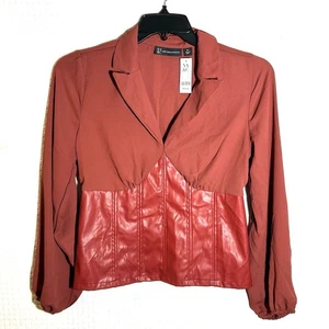 NWT New York Co Maroon Red Girl Chiffon Faux Leather Top Cinched Blouson Size M - Picture 1 of 10