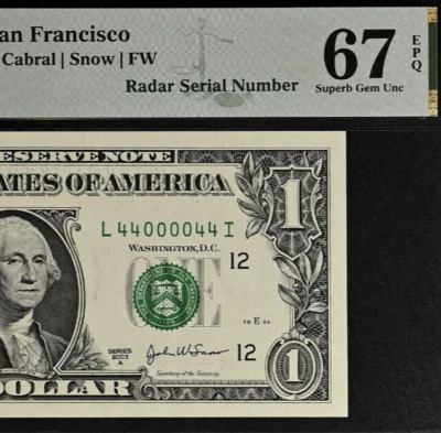 2003A $1 Federal Reserve Note PMG 67EPQ - Birthday - Radar Serial 44000044 - Image 1 of 3