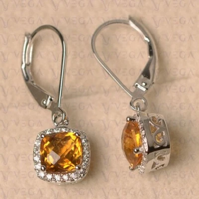 3.60Ct Cushion Cut Natural Citrine & Diamond Drop Earring 14K White Gold Plated - Image 1 of 4