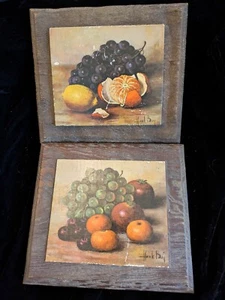 Set Of 2 Vintage Grocery Store Rustic Wood Block Fruit Prints - Picture 1 of 5