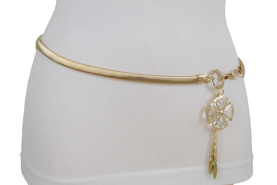 Mujeres Cinturón Ajustado Cintura de Cadera Dorado Elástico Metal Flor Bling Hebilla Dije S M L Foto 1 de 1