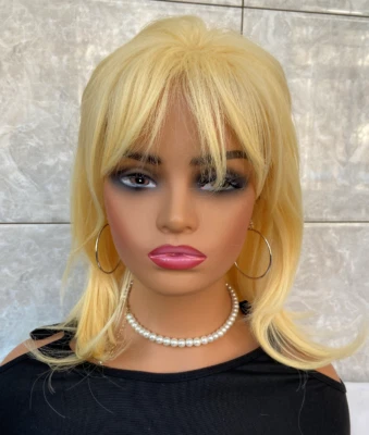 Shouder Length Straight Gold Blonde Human Hair Blend Heat Ok Wigs Women Soft - Image 1 of 4