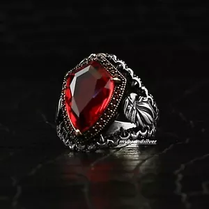 925 Sterling Silver Turkish Handmade Jewelry Eagle Design Garnet Men's Ring  - Picture 1 of 5