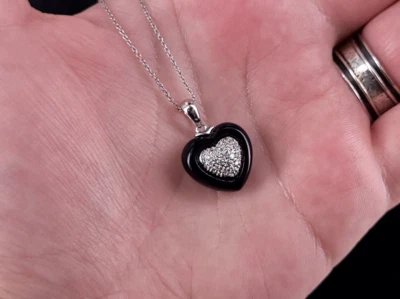 Vintage 14k Oro Bianco .30cttw Pavé di Diamanti Gonfio Cuore Ciondolo Collana - Immagine 1 di 4