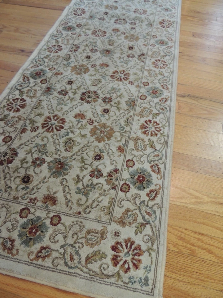 2x7 Silk RUNNER Floral Rug Beige Rust Green “machine made” - Image 1 of 4