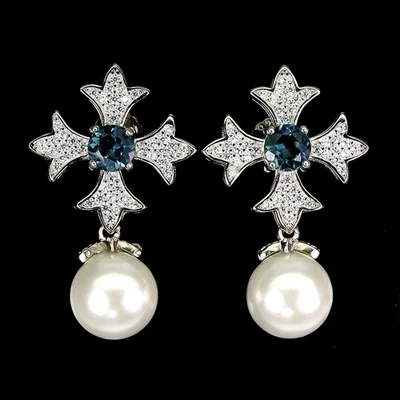 925 Sterling Silver Earrings Round London Blue Topaz 5mm Mop Gemstone Jewelry - Image 1 of 4