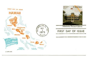 UX81 10c Palacio Iolani, Preservación Histórica, Colonial, FDC - Imagen 1 de 1