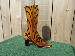Murano Glass Tiger Stripe Orange Black Swirl 12.5" High Heel Boot Vase - Picture 1 of 9