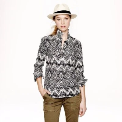 Camisa feminina J Crew menino preto branco linho asteca sudoeste boho manga longa 12 - Imagem 1 de 4