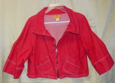 RUBY RD. Red 100% COTTON Denim Crop bolero JACKET sz 14P zip front  3/4 sleeves - Image 1 of 4