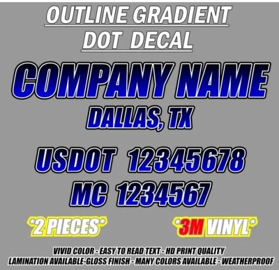 USDOT MC Número City State Carrier Semi Camión Vinilo Letras Gradiente Calcomanía Foto 1 de 4