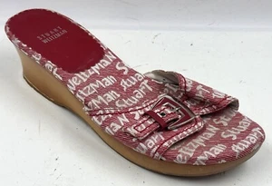 Stuart Weitzman Graffiti Logo Women's Sandals Sz 8.5 B Wooden Wedge Slide On - Picture 1 of 13