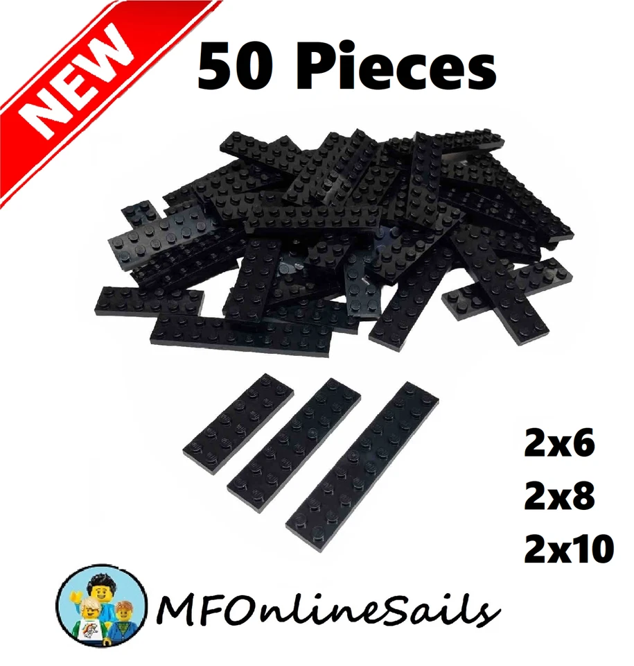 **NEW** 50x Genuine LEGO Black LONG PLATES - Bulk Lot 2x6 2x8 2x10 Mix - Image 1 of 4