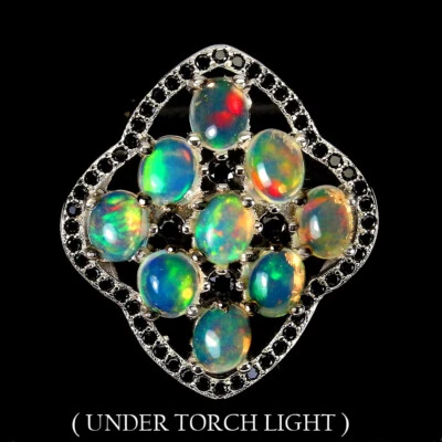 925 Anello Argento Sterling Ovale Opale di Fuoco Nero Spinello Gemma Gioielli - Immagine 1 di 4