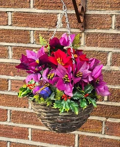 Artificial Flowers Christmas Hanging Basket Plants Trailing Festive Ivy Leaf Pot - Picture 1 of 13
