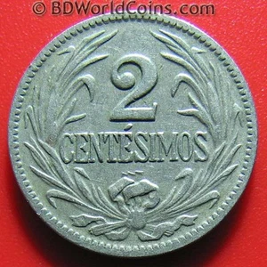 1924 URUGUAY 2 CENTESIMOS THUNDERBOLT POISSY FRANCE RADIANT SUN CU-NI not silver - Picture 1 of 2