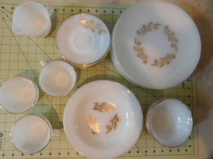 24 pc Vintage Federal Glass Milk Glass Meadow Gold Dishes, Cups, Bowls, Plates - Picture 1 of 13