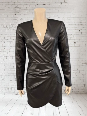 ZARA Black Faux Leather Faux Wrap Mini Body Con Dress S - Image 1 of 4