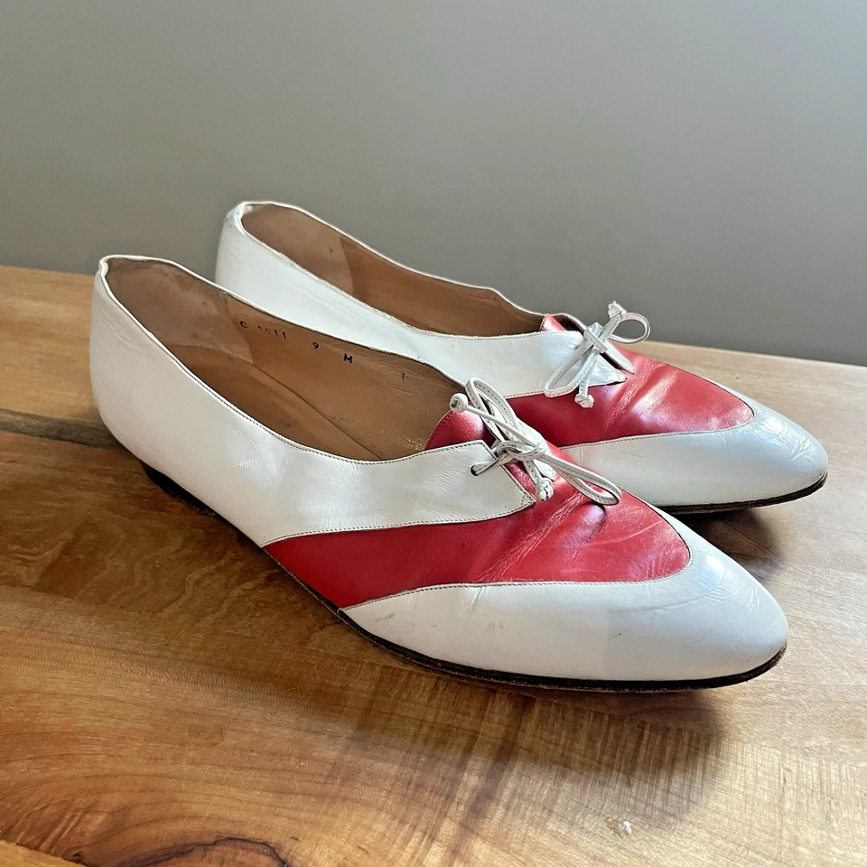 Vintage 70s Womens Cole Haan Leather Oxfords Red White Made in Italy Flats 9 - Image 1 of 4