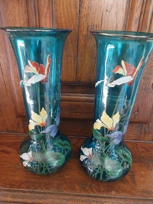 Paire De Vases Verre Émaillé Legras - Photo 1/4