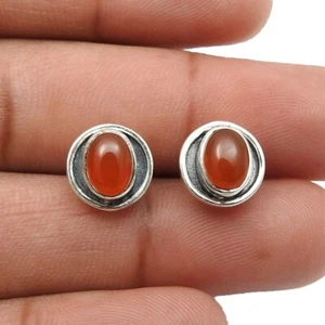 925 Silver Oval Shape Red Natural Carnelian Gemstone Post Stud Earrings Gift - Picture 1 of 8
