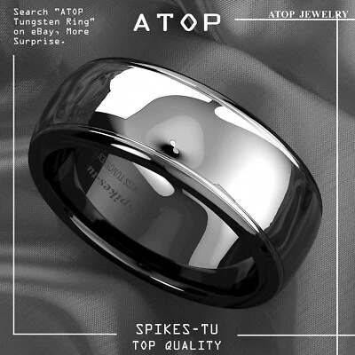 8/6mm Dome Black Silver Center Tungsten Carbide Ring ATOP Wedding Band Bridal - Image 1 of 4