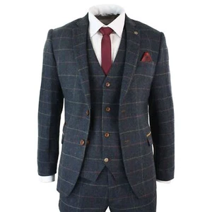 Mens Navy Blue Wine Check Herringbone Tweed Vintage 3 Piece New Marc Darcy Suit - Picture 1 of 6