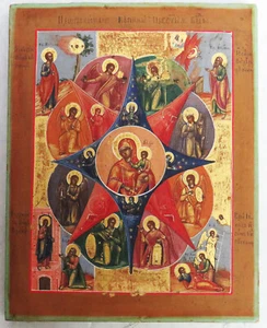 ANTIQUE 19th c RUSSIAN ORTHODOX ICON ILLUMINATED PANEL MARY SAINTS & ANGELS - Picture 1 of 11