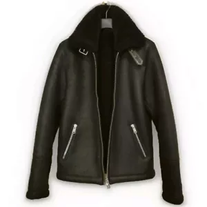 RRP £795 REISS Men's Kyelder Suede Shearling Aviator Jacket Coat Black Small 38 - Picture 1 of 12