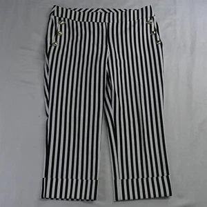 Chico's 2 / 12P Black White Stripe Gold Button Womens Pull On Cropped Pants - Picture 1 of 7