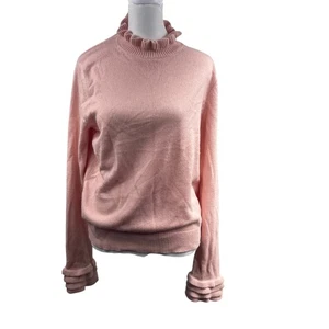 Boden Pink Knit Sweater Sz M Ruffled Mock Neck Collar Sleeves Coquette Romantic - Picture 1 of 6
