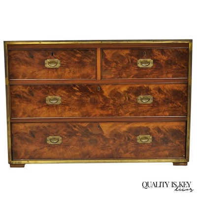Antique English 4 Drawer Brass Banded Burr Walnut Campaign Chest Dresser - Image 1 of 4