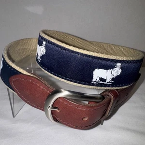 Belted Cow Company Men’s Belt Size 36 Bulldog Wearing Tophat Blue Brass Buckle - Picture 1 of 16
